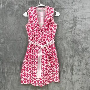 Dizzy Lizzie XS Wrap Dress Ruffled Neck Cotton Lined Retro Pink Belted  Snap